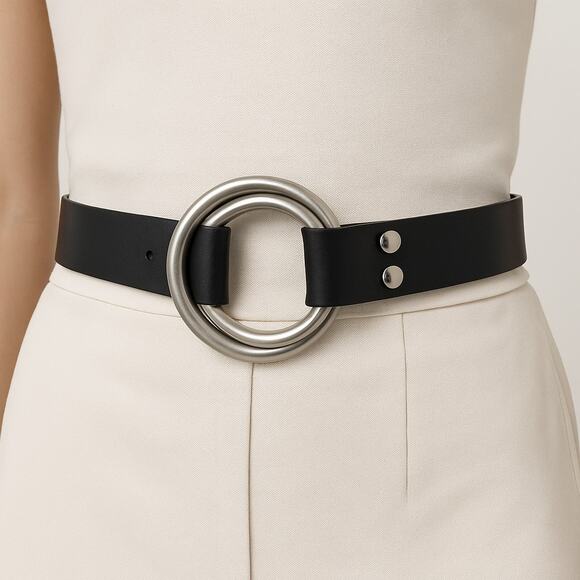 Black Leather Double Ring Circle Buckle Belt Size S/M 34" Max Length, 1.5" Wide - Picture 1 of 6